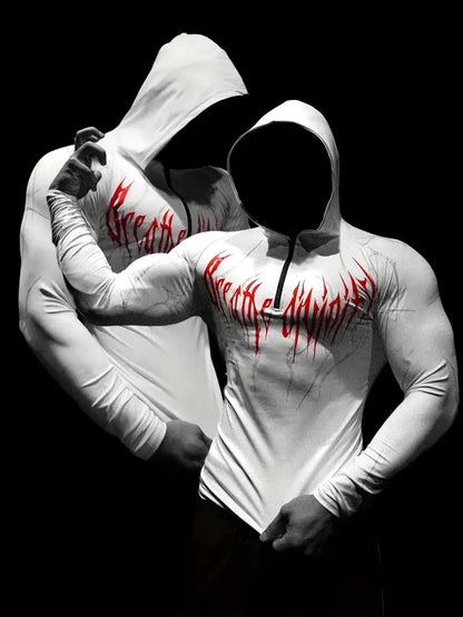 2026 Spring Summer New Men's Black Hooded Sports Compression Long Sleeve Shadow Style Street Subcultural Style