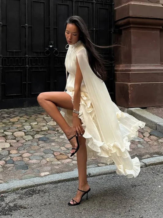 Stunning Shiny Ruffles Lace Up Mini Dress Chic Loose Hollow Out A-line Pleated Vestidos Lady Summer Party Gowns 2026 Spring New