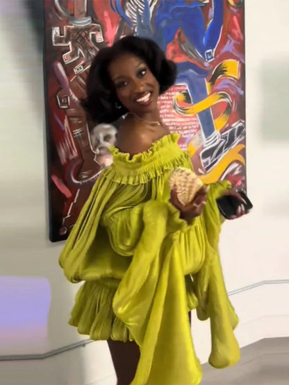Lime Green Off-shoulder Pleated Short Dress Chic Smocked Waist Bubble Vistidos Women's Tiered Full Sleeve Beach Club Party Gown