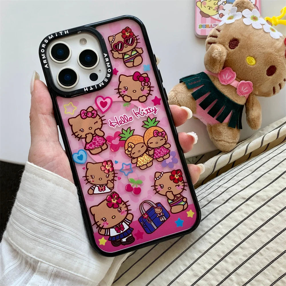 Y2K Hello Kitty Cute Cartoon Magnetic Phone Case For IPhone 12 13 14 15 16 17 Pro Max Protective Cover with Stand Fundas