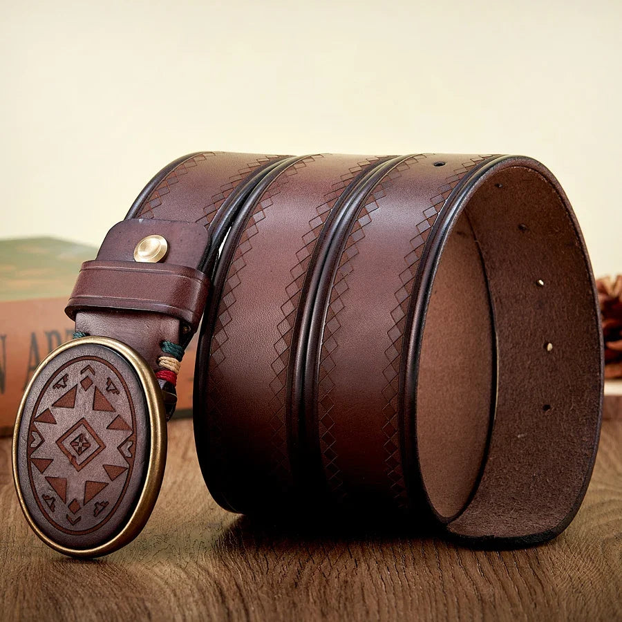 Real Genuine Leather High Quality Brass Buckle Jeans Casual Belt Extra Thick Cowhide Designer Laser Engraved Pattern Men's Belt