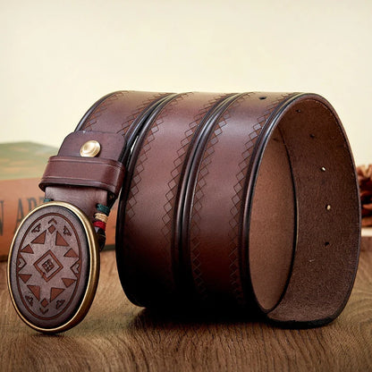 Real Genuine Leather High Quality Brass Buckle Jeans Casual Belt Extra Thick Cowhide Designer Laser Engraved Pattern Men's Belt