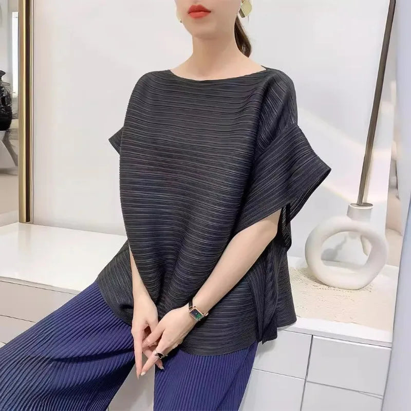 2025 Summer T-shirt Miyake Comfortable Casual Loose Pleated Top Women Short Sleeve Slim Commuter Office Clothes Wrinkle-Free
