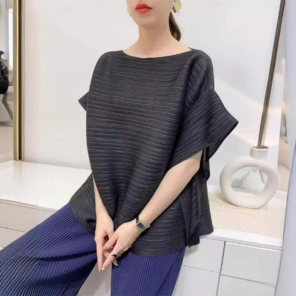 2025 Summer T-shirt Miyake Comfortable Casual Loose Pleated Top Women Short Sleeve Slim Commuter Office Clothes Wrinkle-Free