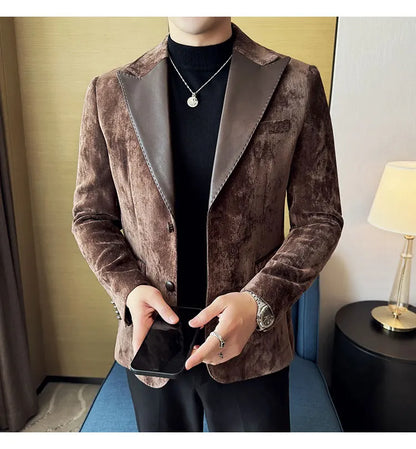Splicing Leather Neck Fashion Suit Jacket Luxury Men's Business Slim Fit Social Formal Blazers Coats Wedding Groom Tuxedos 5XL-M