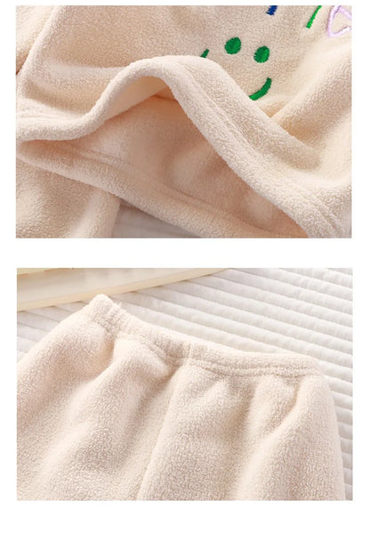 Winter Warm Kids Loungewear Suit Baby and Girls Boys Loose Embroidery Full Fleece Coat Tops+Pant Set Child 2PCS Homewear 1-8 Yrs