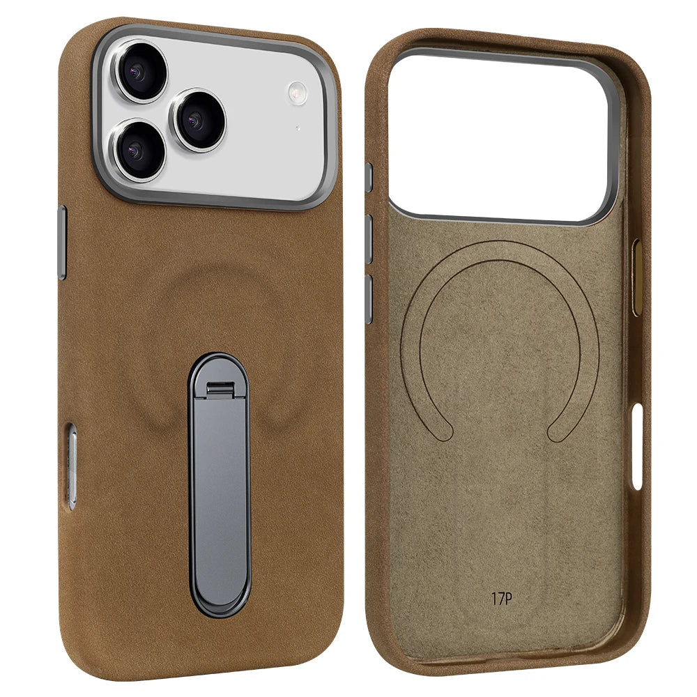 For iPhone 17 Pro Protective Case With Metal Rotatable Kickstand Suede Artificial Leather Phone Case For iPhone 17 16 15 Pro Max