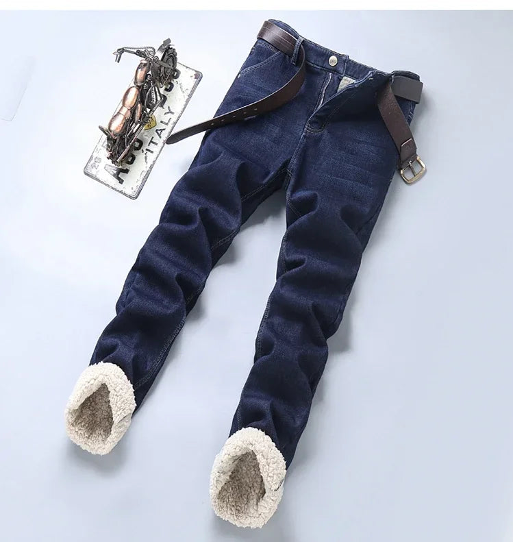 Winter Men's Fleece Thick Sherpa Jeans Business Casual Velvet Straight Denim Pants Male Wool Plush Classic Stretch Trousers