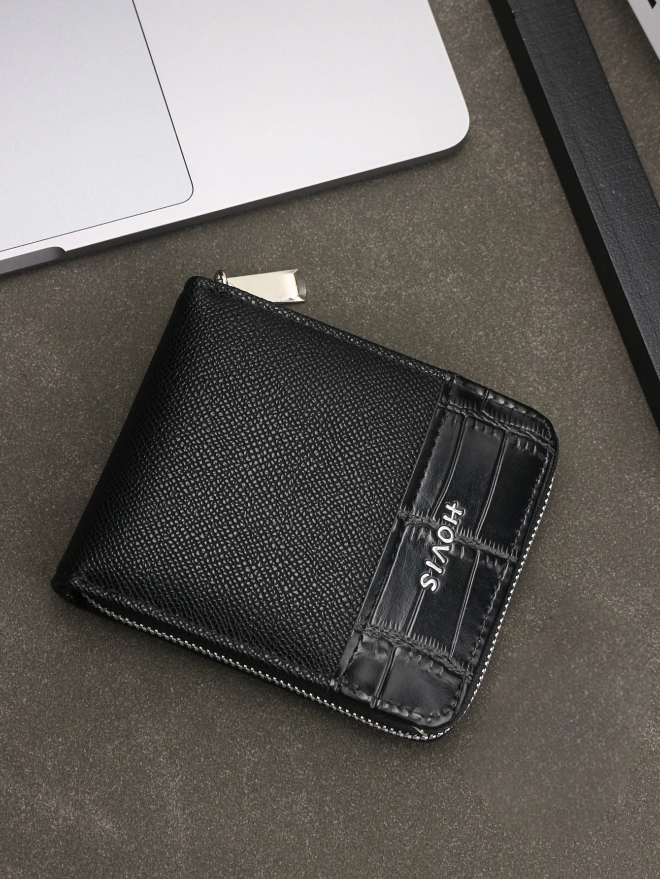 Men's Full Zip Around Bifold Short Wallet - Saffiano & Crocodile Embossed Leather Wallet with ID Window, Multi-Card Slots
