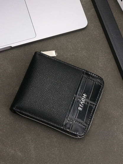 Men's Full Zip Around Bifold Short Wallet - Saffiano & Crocodile Embossed Leather Wallet with ID Window, Multi-Card Slots