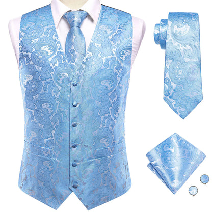 Jacquard Silk Mens Waistcoat Tie Set Sleeveless Jacket Necktie Hanky Cufflinks Suit Gold Blue Black Vest Wedding Business