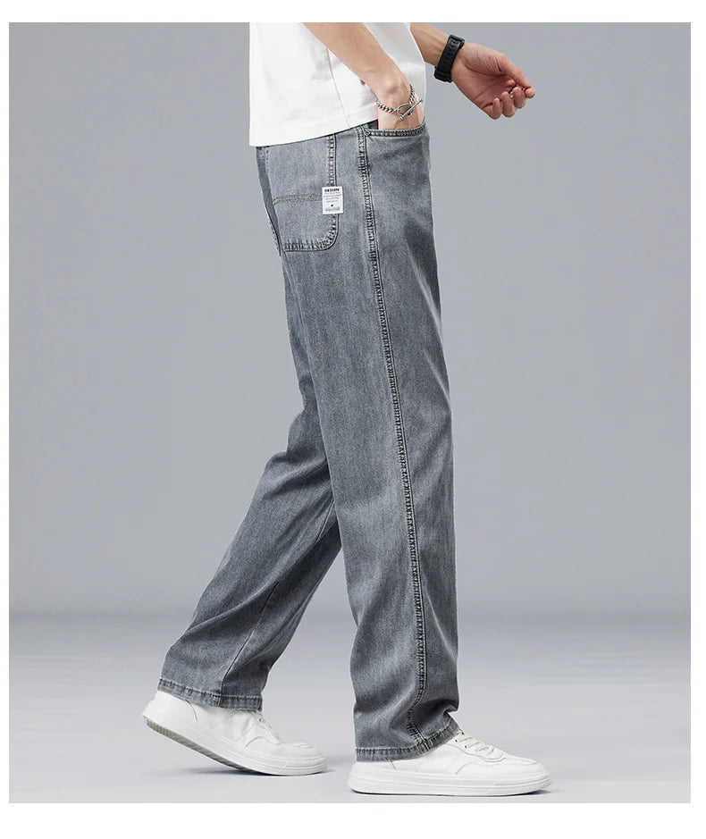 Summer Ultra-thin Lyocell Men's Jeans Drape Soft Fabric Loose Straight Casual Denim Pants Elastic Ice Silk Male Trousers