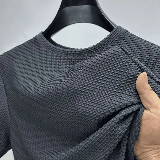 Men Ice Silk Bamboo Mesh T-shirt Summer Elastic Short Sleeve Round Neck Tees Casual Slim Fit Basic Tops Trendy Male Daily Streetwear Shirts