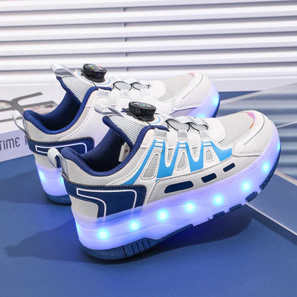 Boys Girls Roller Shoes Pink Blue Four Wheels Luminous Glowing Kids Outdoor Sport Casual Shoes USB Children Led Sneakers Shoes