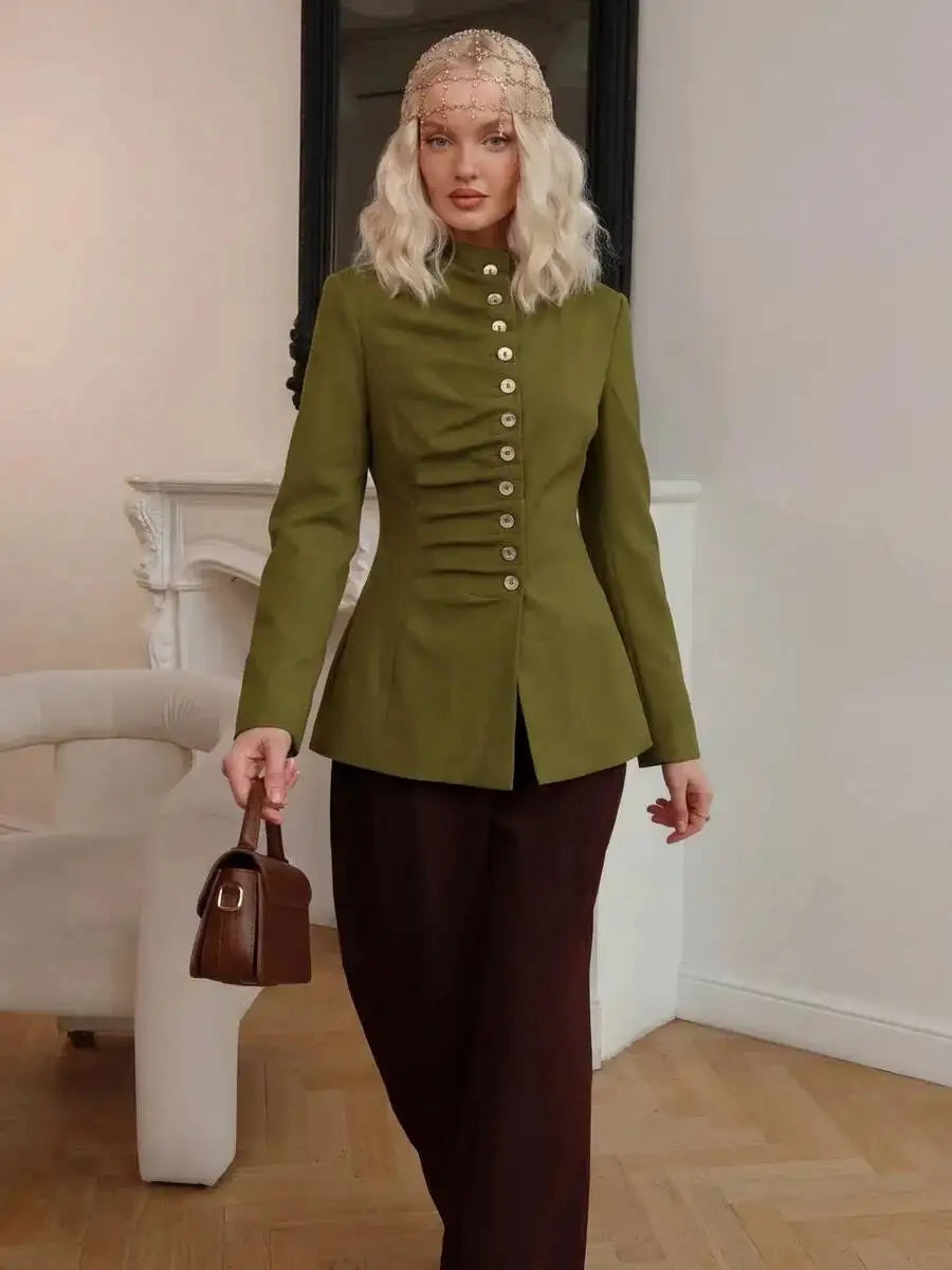 Women 2026 Spring Autumn Mandarin Collar Blazer Ruched Front Multi Row Buttons Long Sleeve Fit Formal Office Outerwear Coat