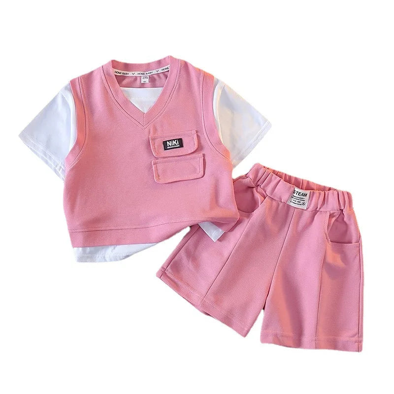 Summer Baby and Boys Cotton Contrast Patchwork t-Shirt Tops+Shorts Pant Sets School Kids Tracksuit Child 2PCS Outfit 1-10 Years