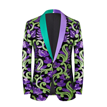 2024 New Flat Velvet Large Flower Sequin Jacquard Mens Blazer, Purple  Stage Performance Suit Dress, Host Fashion Show Jacket