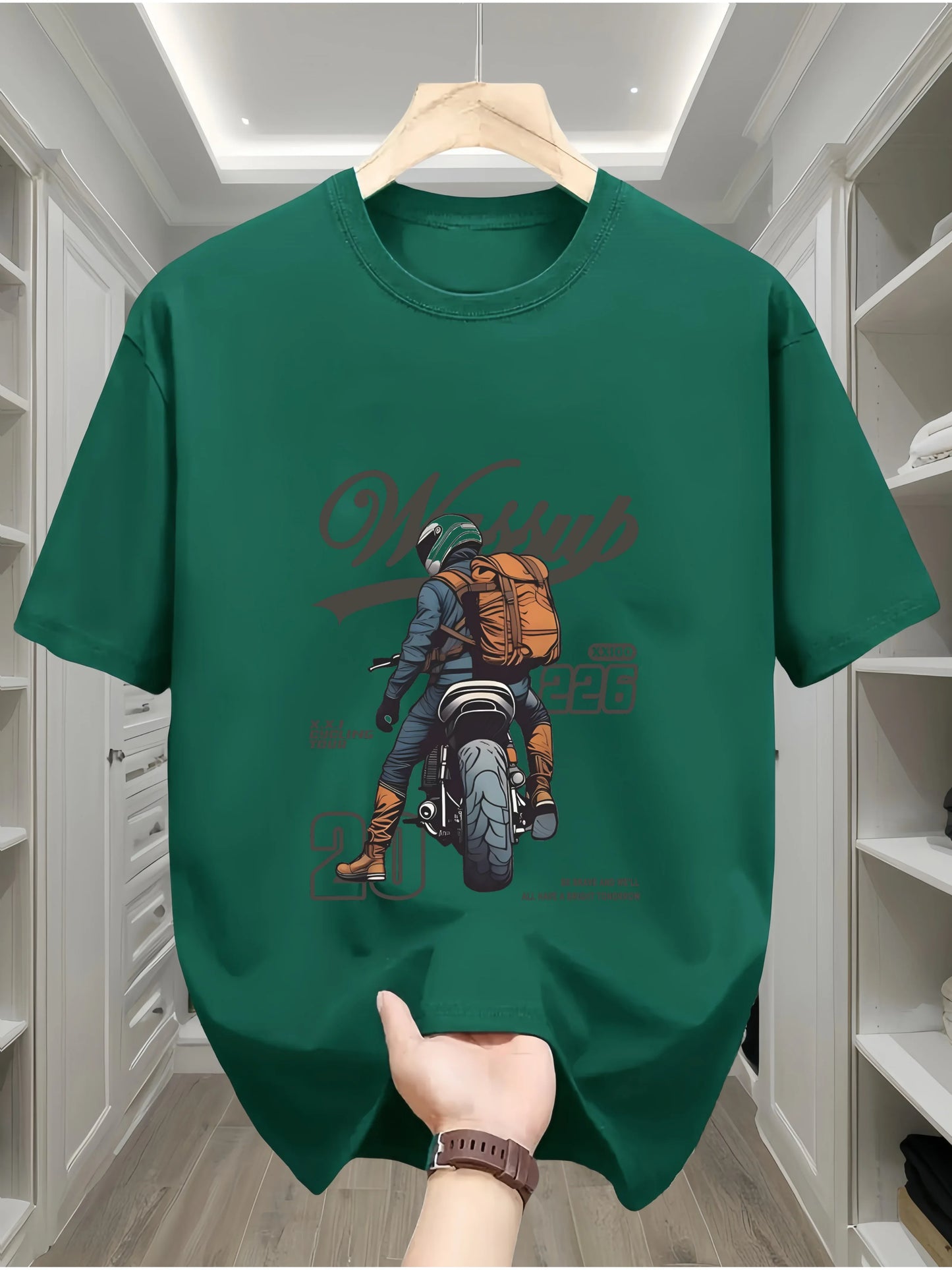 Summer men's 100% pure cotton casual loose oversized classic motorcycle creative printed round neck short sleeved T-shirt top