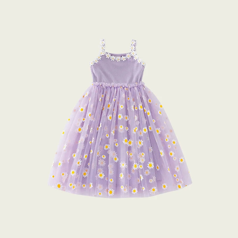 Girls Casual Dresses Little Daisy Flower Mesh Dress for Girls Summer Camisole Pompadour Dress Girls Clothes for2 To 7 Years