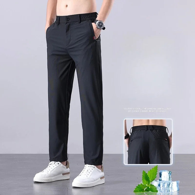 Korean Y2K Summer New Men's Ice Silk Pants All Match Elastic Sweatpants Office Business Casual Fashion Straight Suit Trousers