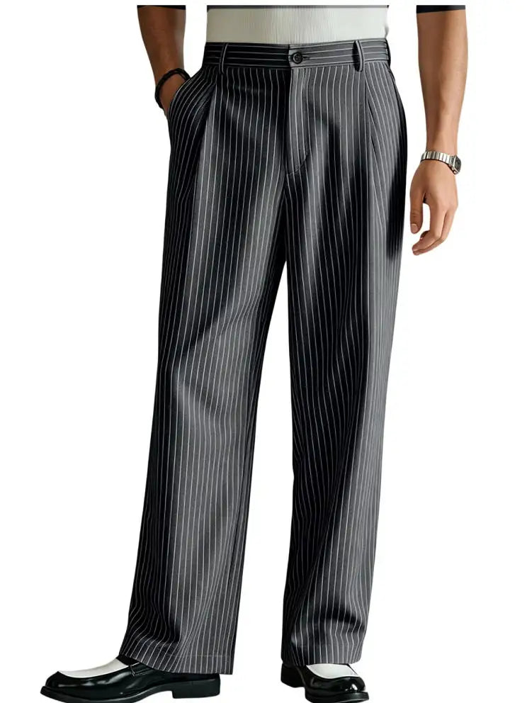 Vintage Men Pants Thin Slacks Business Striped Trousers High Waist Pleated Wide Leg Loose Straight Casual Office Wedding