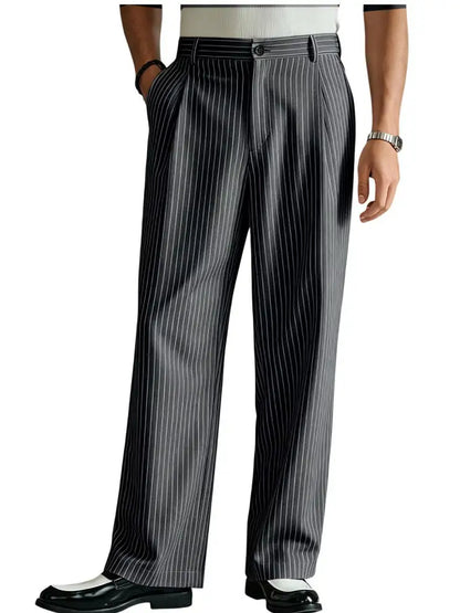 Vintage Men Pants Thin Slacks Business Striped Trousers High Waist Pleated Wide Leg Loose Straight Casual Office Wedding