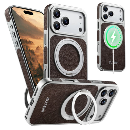 Faux Leather Magnet Wireless Charging Phone Case 360° Rotating Stand Ring Buckle Frosted Feel For iPhone 17 Pro Max 16 15