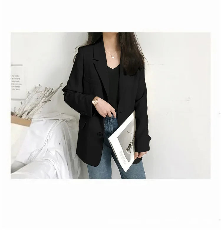 Elegant Casual Loose Long Sleeve Women's Small Suit Jacket Korean Style Spring Autumn Chic Polyester Fiber Button Decoration