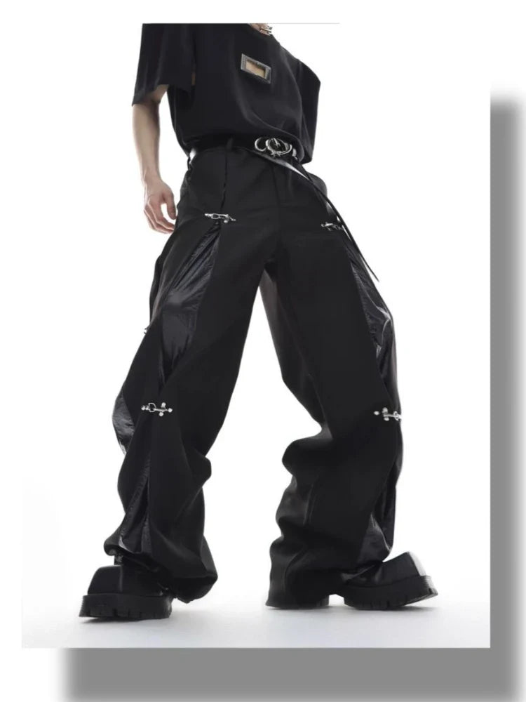 Mens Trousers Harajuku Deconstructed Streetwear Metal Buckle Suit Pants Leather Patchwork Straight Leg Loose Fit Draped Casual