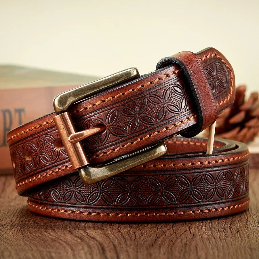 High Quality Embossed Western Cowboy Brass Buckle Belt Real Thick Genuine Leather Designer Men Belt Punk Jeans Belts For Men