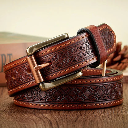 High Quality Embossed Western Cowboy Brass Buckle Belt Real Thick Genuine Leather Designer Men Belt Punk Jeans Belts For Men