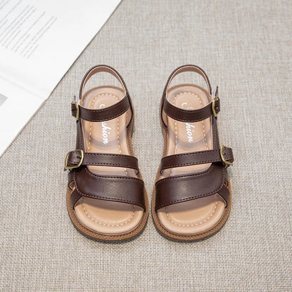 Girls Roman Sandals Open Toe Little Kids Leather Sandals with Buckle Open Toe Children Summer Beach Shoes Non-Slip Soft Sole