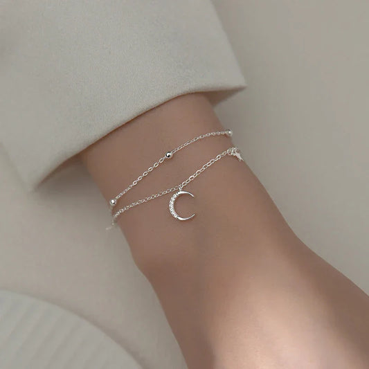 Bracelet Scintillant Double Couche Étoiles et Lune en Argent de Luxe, Chaîne en Argent Sterling 925 Réglable pour Femmes, Bijoux