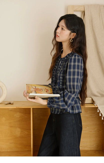 Women's Vintage Blue Plaid Shirt 2025 Autumn New Elegant Luxury Loose Waist Shirts Round Neck Long Sleeved Top MXE45X2480