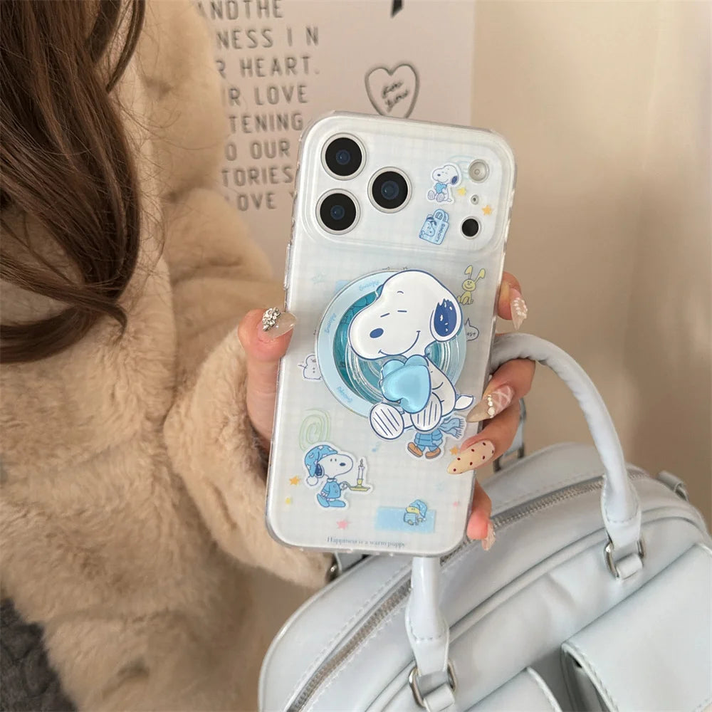 Ins Plaid Kawaii Snoopy Magnetic Phone Case for iPhone 17 Pro 13 14 15 16 Pro Max Cover With Magsafe Stand Cute Shockproof Funda
