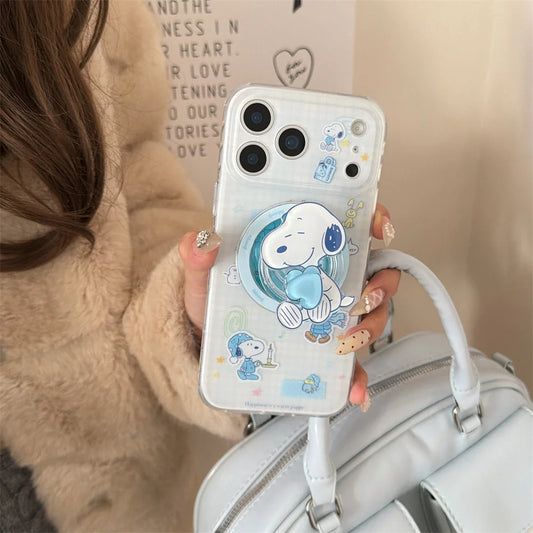 Ins Plaid Kawaii Snoopy Magnetic Phone Case for iPhone 17 Pro 13 14 15 16 Pro Max Cover With Magsafe Stand Cute Shockproof Funda