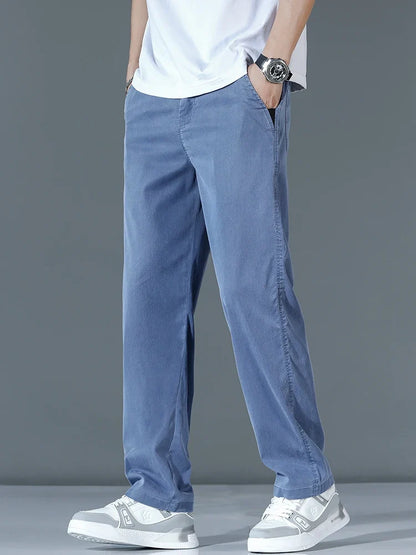 Ultra-thin Lyocell Fashion Loose Casual Pants Men Spring Summer Korean Straight Stretch Brand Trousers Male Clothing Wide Pants