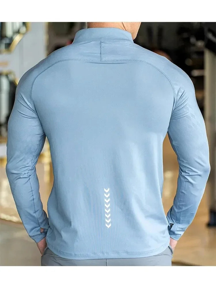 New Autumn Winter Running Gym Men Shirt Long Sleeve Tees Elastic Fit Sports Training Fitness Quick Dry Zip Collar Polo T Shirt