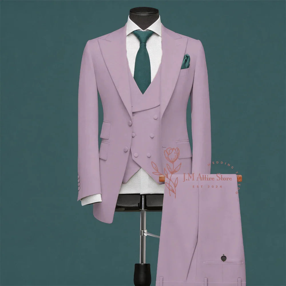 Light Green Men’s Suit Slim Fit Peak Lapel Jacket Double Breasted Vest Pants Wedding Formal 3 Piece Party Set For Groomsmen
