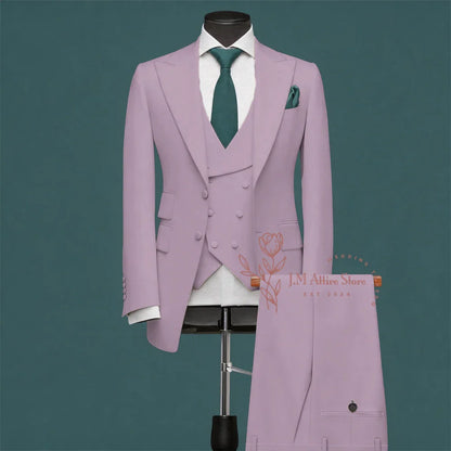 Light Green Men’s Suit Slim Fit Peak Lapel Jacket Double Breasted Vest Pants Wedding Formal 3 Piece Party Set For Groomsmen
