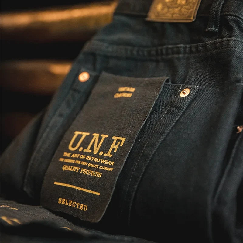Men's Vintage 12.8oz Black Washed Denim Jeans Mid Rise Straight Classic Casual Zip Fly Pants for Autumn Versatile Trousers