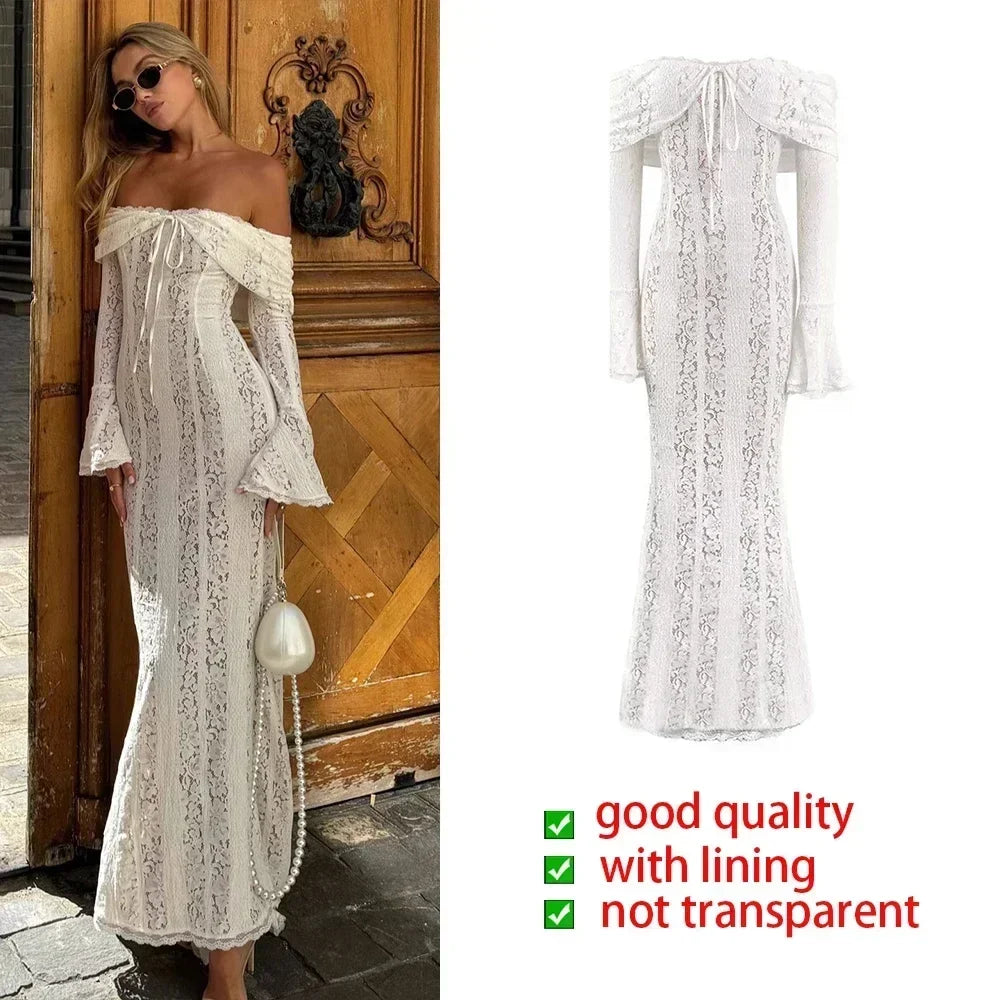 Elegant Off The Shoulder Bodycon Dress 2024 New in White Flare Sleeve Lace Maxi Dress Wedding Guest Dress for Women