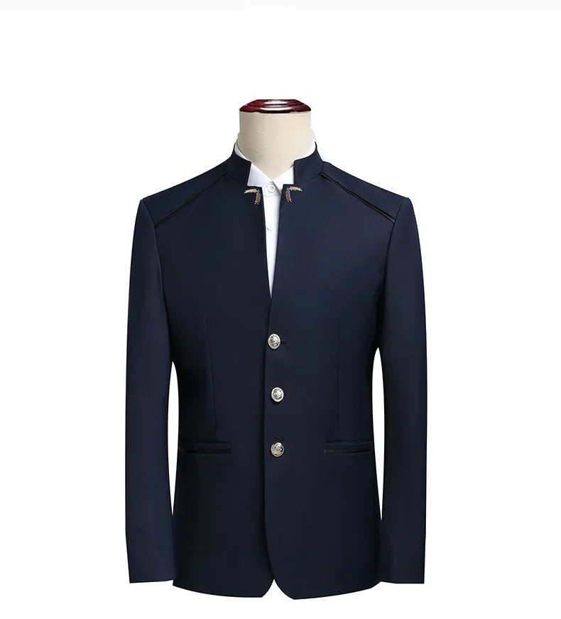 2026 New Men's Stand Collar Long Sleeve Suit Jacket, Asian Size Chinese-Style Slim-Fit Blazer in Dark Blue/Red/Grey/Black/White