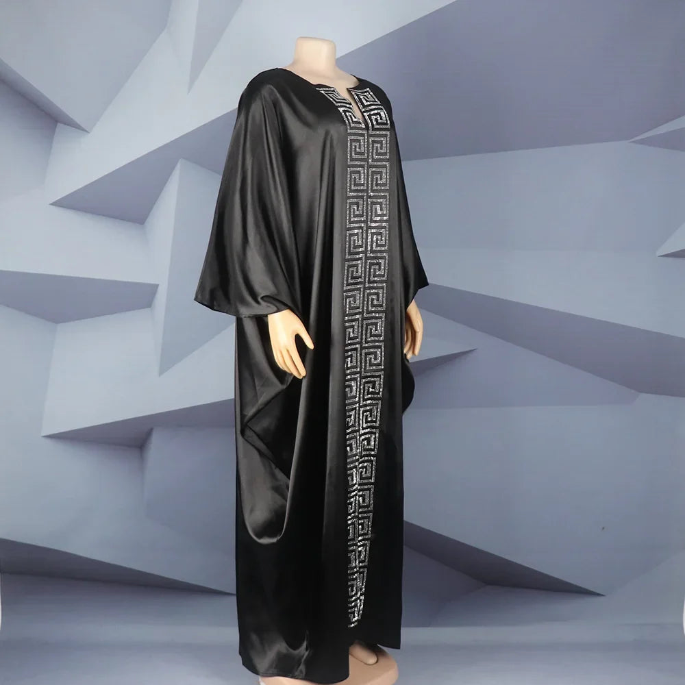 Fashion African Woman Large Size Bat Sleeve Dress Muslim Islamic Style Robe Imitation Silk Hot Fix Rhinestone