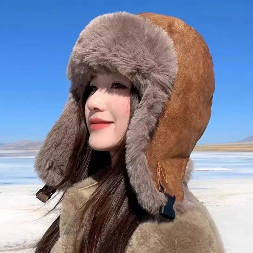 Bomber Hat High Quality Waterproof PU Leather Russian Hat Men Women Thick Warm Winter Fur Hat Male Female Ski Earflap Cap