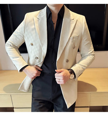 6 Color Fashion Double Breasted Plaid Suit Jacket Luxury Men Slim Fit Business Social Wedding Formal Suit Coats Plus Size 5XL-M