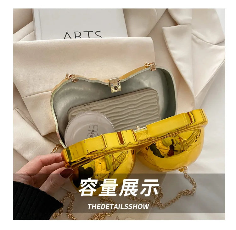 Party Purse Chest Shape PVC Bag For Women 2025 Mini Crossbody Bag Metal Chain Shoulder Bag Luxury Gold Silvery Lipstick Pouch