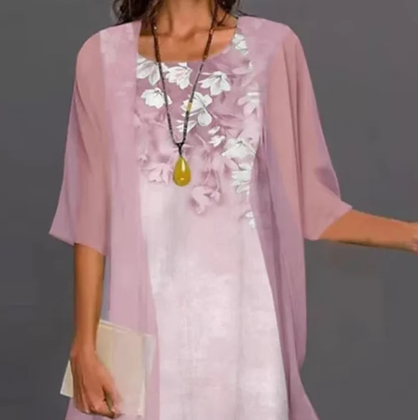 2024 Europe and the United States summer women's casual dress two-piece floral print round collar repair maxi