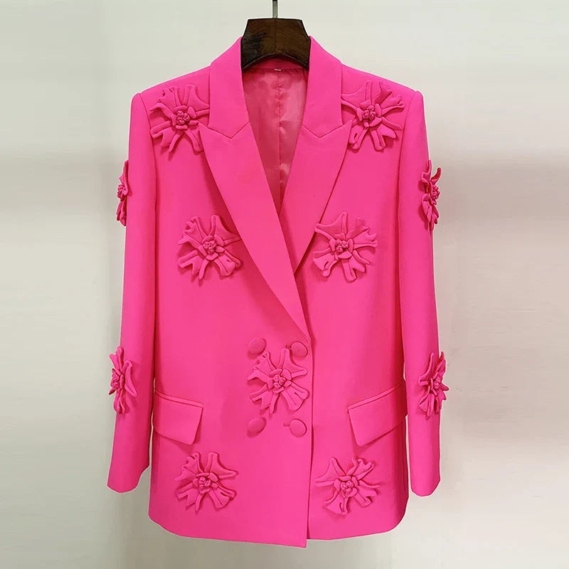 HIGH STREET Newest 2026 Fashion Designer Jacket Women's Stereoscopic Flowers Appliques Double Breasted Long Blazer
