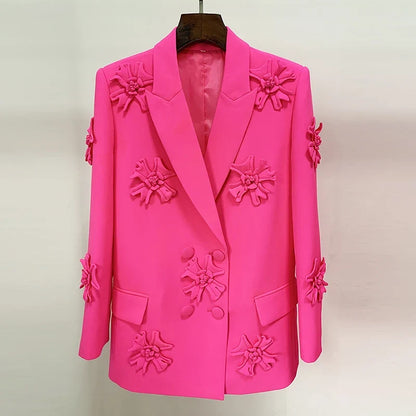 HIGH STREET Newest 2026 Fashion Designer Jacket Women's Stereoscopic Flowers Appliques Double Breasted Long Blazer